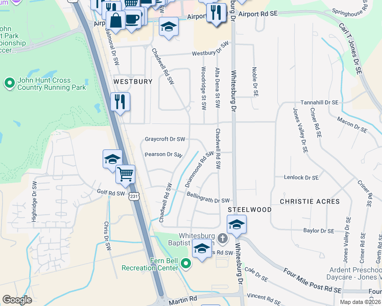 map of restaurants, bars, coffee shops, grocery stores, and more near 7220 Chadwell Road Southwest in Huntsville