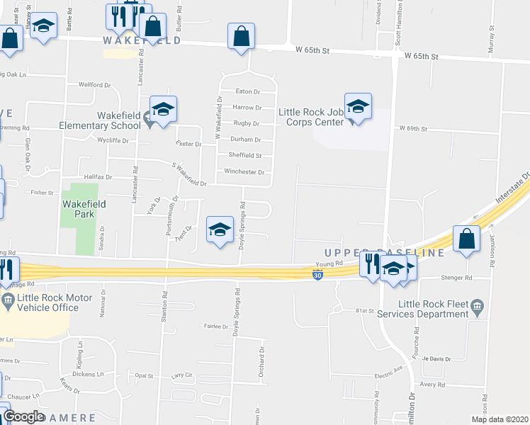 map of restaurants, bars, coffee shops, grocery stores, and more near 25 Clement Drive in Little Rock