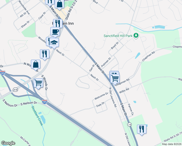 map of restaurants, bars, coffee shops, grocery stores, and more near 512-518 Nash Street in Fountain Inn