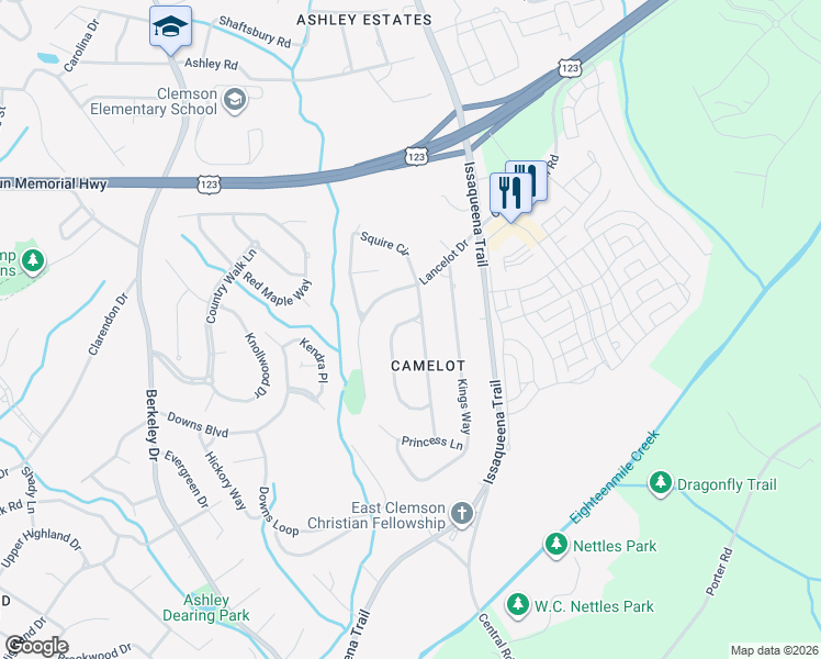 map of restaurants, bars, coffee shops, grocery stores, and more near 108 Knight Circle in Clemson