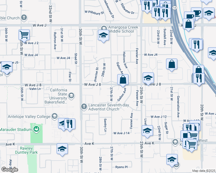 map of restaurants, bars, coffee shops, grocery stores, and more near 2709 Vahan Court in Lancaster