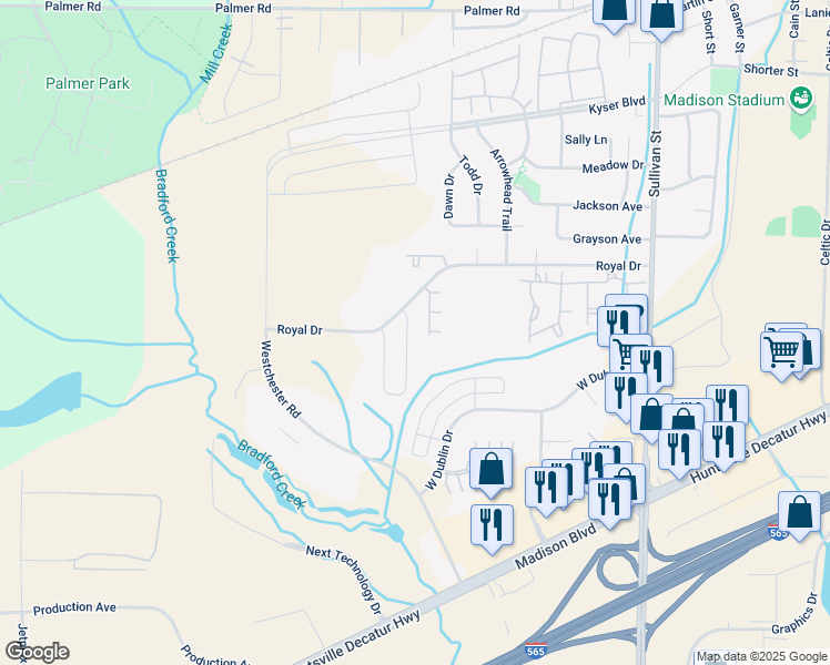map of restaurants, bars, coffee shops, grocery stores, and more near 162 Royal Drive in Madison