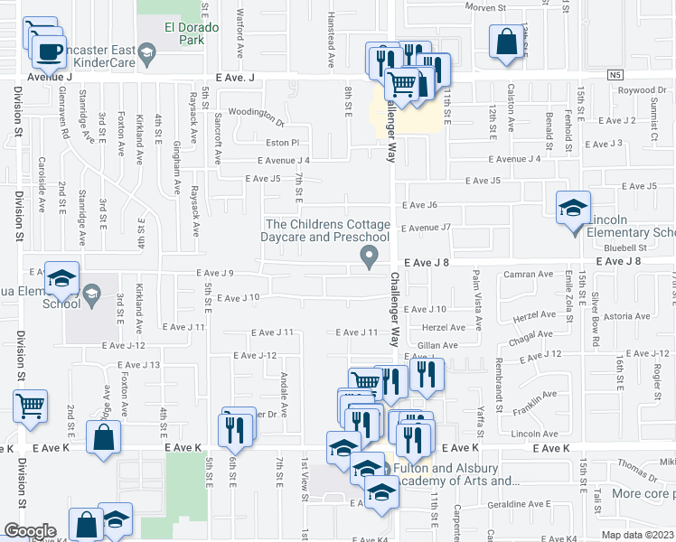 map of restaurants, bars, coffee shops, grocery stores, and more near 755 East Avenue J 9 in Lancaster