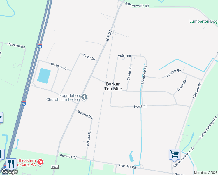 map of restaurants, bars, coffee shops, grocery stores, and more near 172 Forest Road in Lumberton