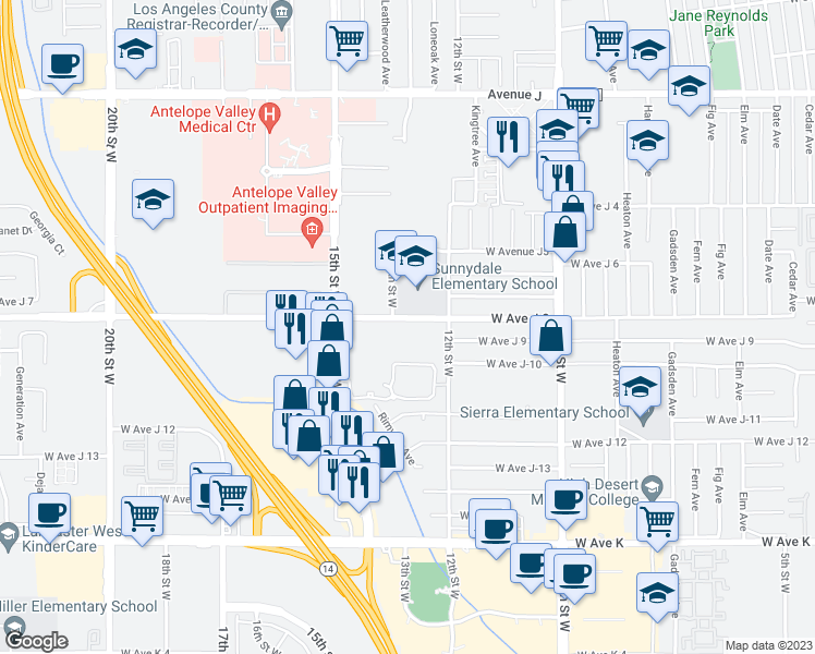 map of restaurants, bars, coffee shops, grocery stores, and more near 1246 West Avenue J8 in Lancaster