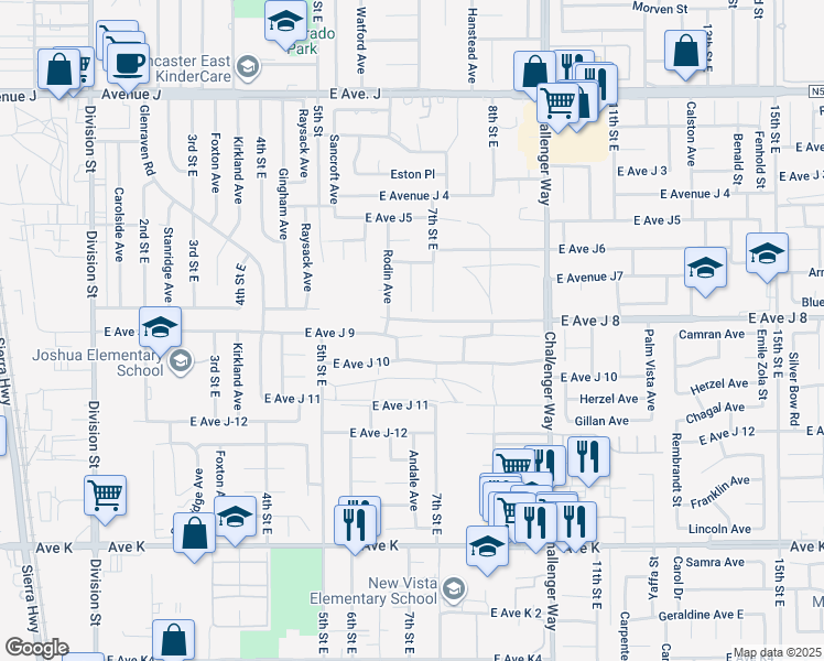 map of restaurants, bars, coffee shops, grocery stores, and more near 637 East Avenue J 9 in Lancaster