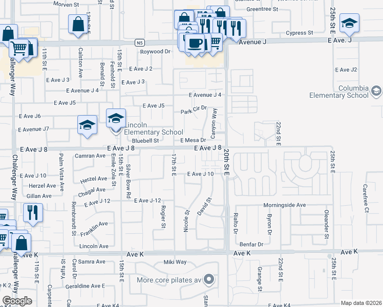 map of restaurants, bars, coffee shops, grocery stores, and more near 43947 Sandstarr Court in Lancaster