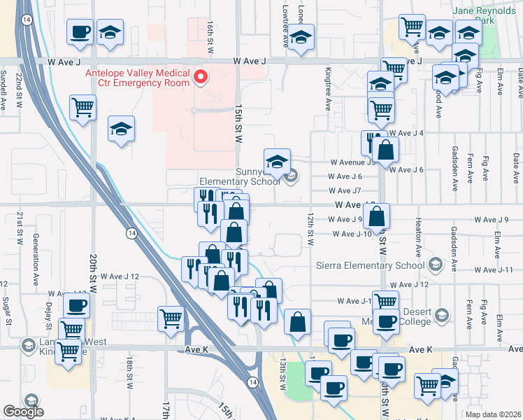 map of restaurants, bars, coffee shops, grocery stores, and more near 1312 West Avenue J8 in Lancaster