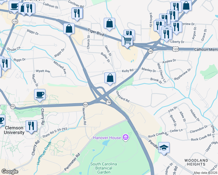 map of restaurants, bars, coffee shops, grocery stores, and more near 303 Old Greenville Highway in Clemson