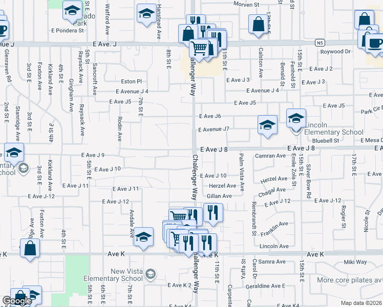 map of restaurants, bars, coffee shops, grocery stores, and more near 855 East Avenue J 9 in Lancaster
