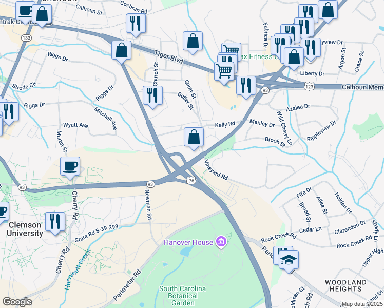 map of restaurants, bars, coffee shops, grocery stores, and more near 311 Old Greenville Highway in Clemson