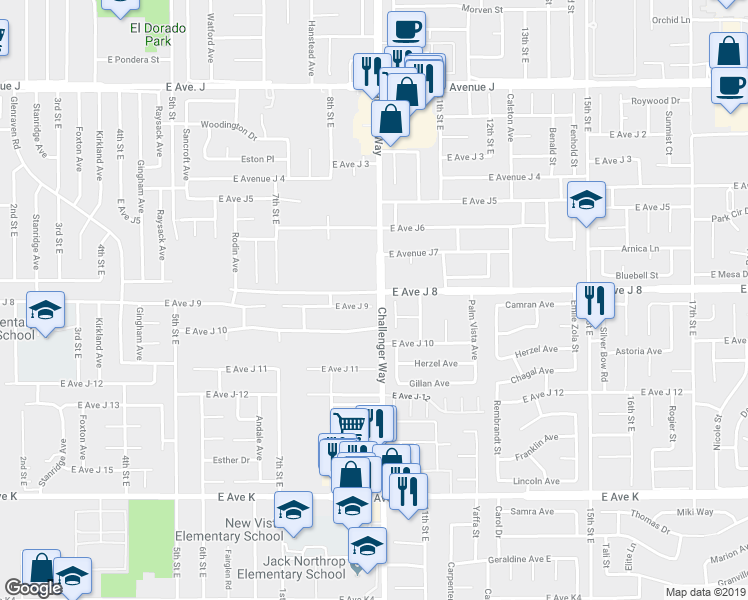 map of restaurants, bars, coffee shops, grocery stores, and more near 855 East Avenue J 9 in Lancaster