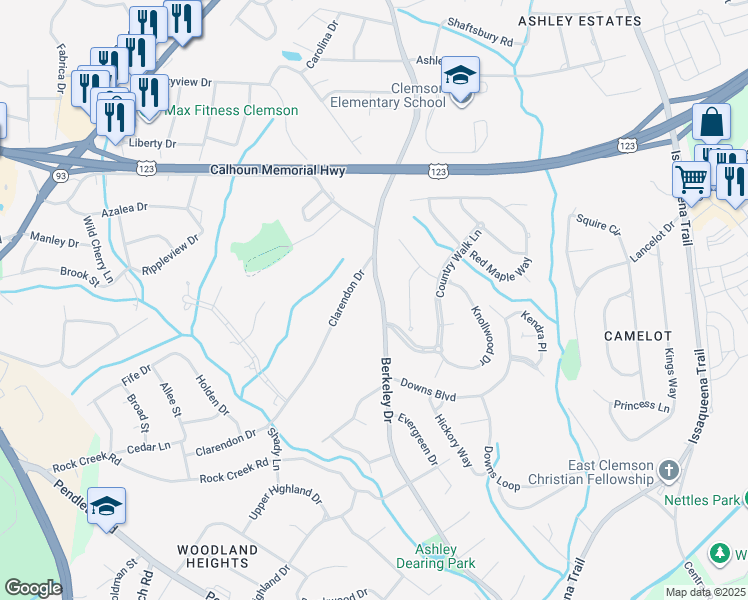 map of restaurants, bars, coffee shops, grocery stores, and more near 750 Berkeley Drive in Clemson