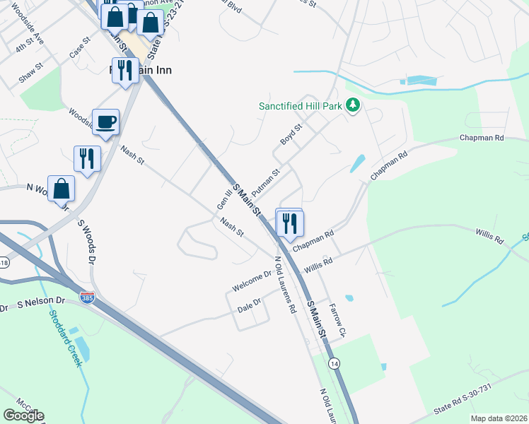 map of restaurants, bars, coffee shops, grocery stores, and more near 807 South Main Street in Fountain Inn
