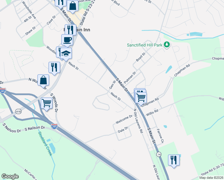 map of restaurants, bars, coffee shops, grocery stores, and more near 512-518 Nash Street in Fountain Inn