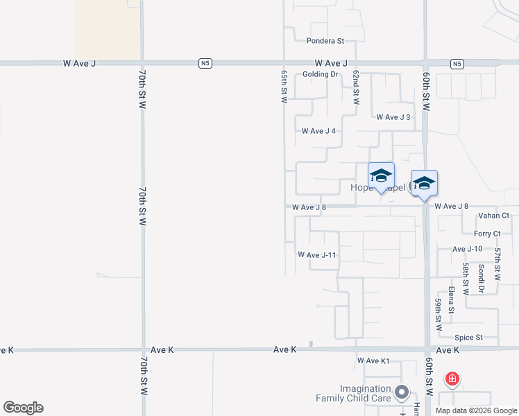 map of restaurants, bars, coffee shops, grocery stores, and more near 65th Street West in Lancaster