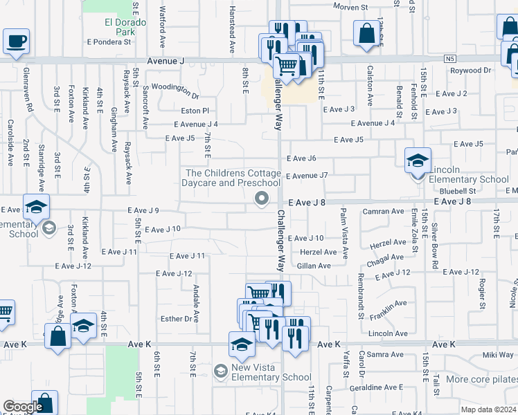 map of restaurants, bars, coffee shops, grocery stores, and more near 823 East Avenue J 9 in Lancaster