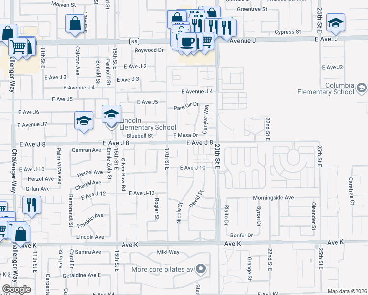 map of restaurants, bars, coffee shops, grocery stores, and more near 43947 Sandstarr Court in Lancaster