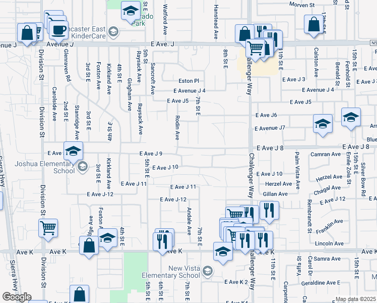 map of restaurants, bars, coffee shops, grocery stores, and more near 637 East Avenue J 9 in Lancaster
