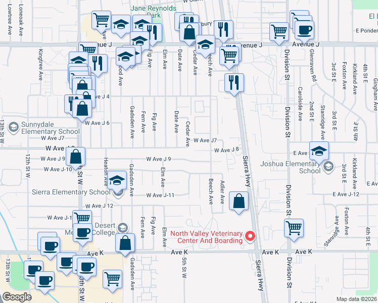 map of restaurants, bars, coffee shops, grocery stores, and more near 500 West Avenue J8 in Lancaster