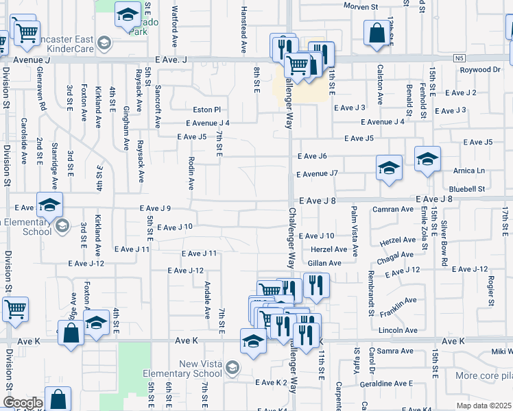 map of restaurants, bars, coffee shops, grocery stores, and more near 8th Street in Lancaster