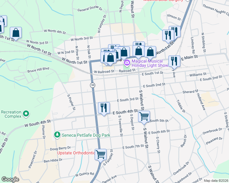 map of restaurants, bars, coffee shops, grocery stores, and more near 114 East South 2nd Street in Seneca