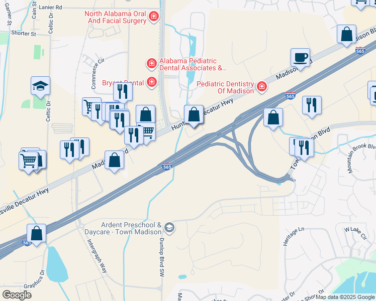 map of restaurants, bars, coffee shops, grocery stores, and more near U.S. 72 Alternate in Madison