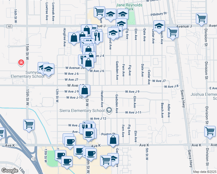 map of restaurants, bars, coffee shops, grocery stores, and more near 810 West Avenue J8 in Lancaster
