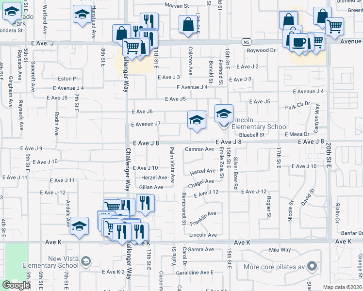 map of restaurants, bars, coffee shops, grocery stores, and more near 1201 Camran Avenue in Lancaster