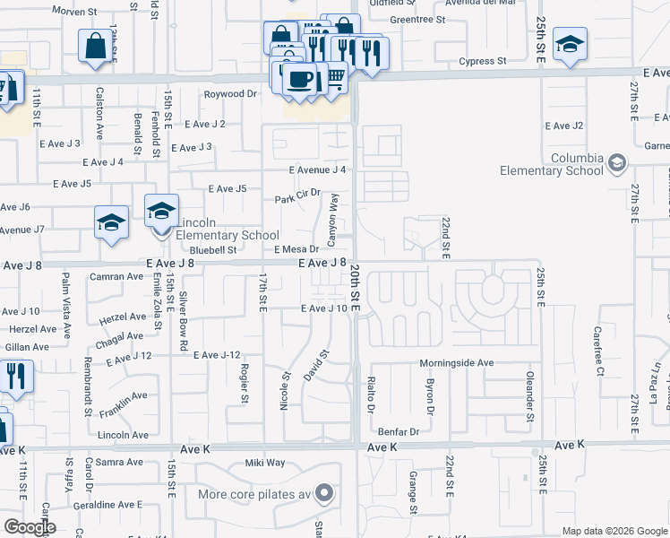 map of restaurants, bars, coffee shops, grocery stores, and more near 43955 Sammy Drive in Lancaster