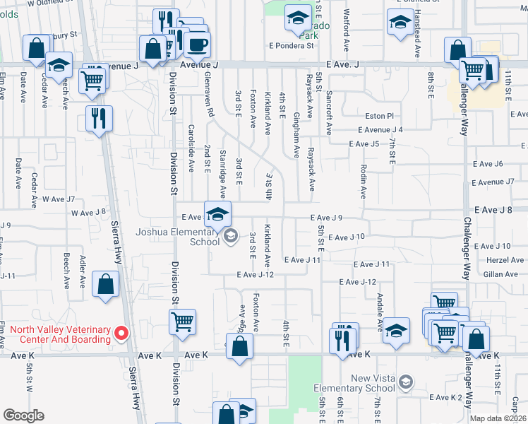 map of restaurants, bars, coffee shops, grocery stores, and more near 321 East Avenue J 8 in Lancaster