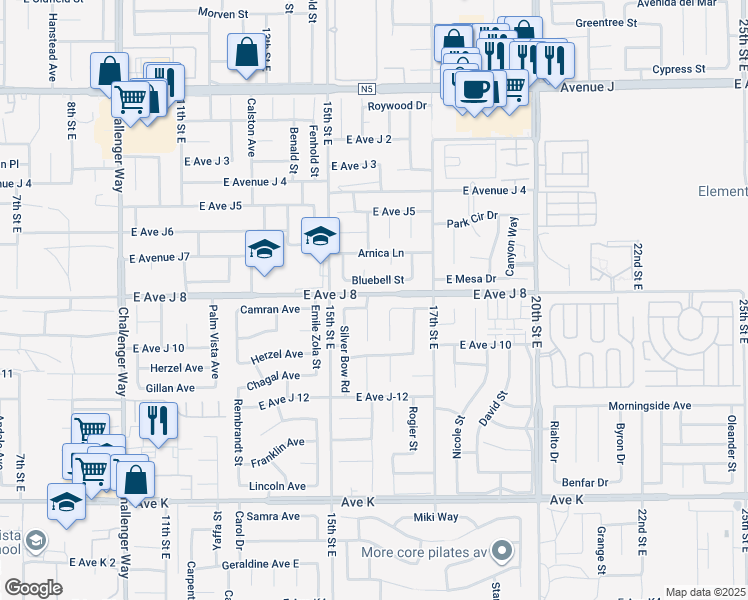 map of restaurants, bars, coffee shops, grocery stores, and more near 43964 Fallon Drive in Lancaster