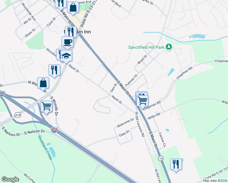 map of restaurants, bars, coffee shops, grocery stores, and more near 512-518 Nash Street in Fountain Inn