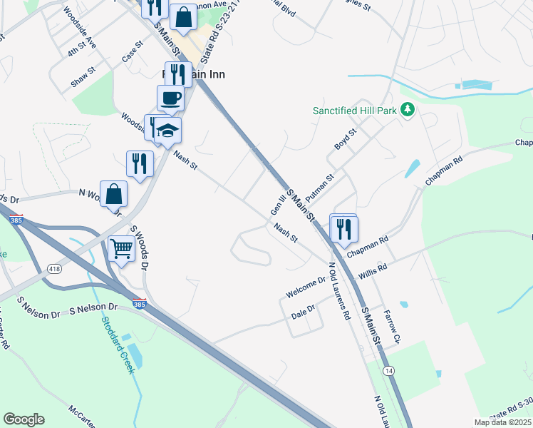 map of restaurants, bars, coffee shops, grocery stores, and more near 512-518 Nash Street in Fountain Inn