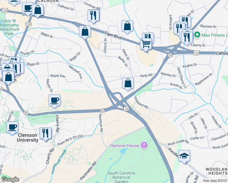 map of restaurants, bars, coffee shops, grocery stores, and more near 123 College Heights Boulevard in Clemson