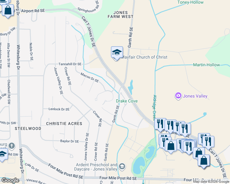 map of restaurants, bars, coffee shops, grocery stores, and more near 5012 Littlebury Road Southeast in Huntsville