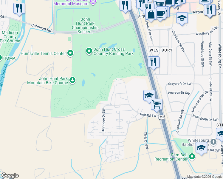 map of restaurants, bars, coffee shops, grocery stores, and more near 2010 Fairway Hills Drive in Huntsville