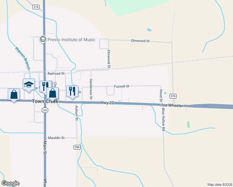 map of restaurants, bars, coffee shops, grocery stores, and more near 3115 State Highway 20 in Town Creek