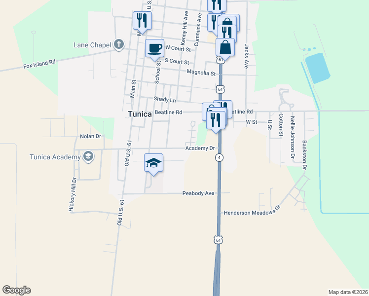 map of restaurants, bars, coffee shops, grocery stores, and more near 1171 Garland Avenue in Tunica