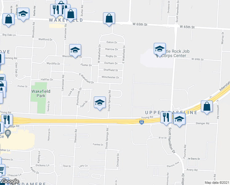 map of restaurants, bars, coffee shops, grocery stores, and more near 25 Clement Drive in Little Rock