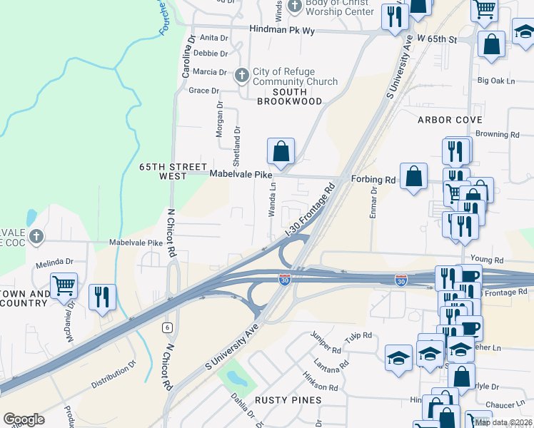 map of restaurants, bars, coffee shops, grocery stores, and more near 23 Wanda Lane in Little Rock