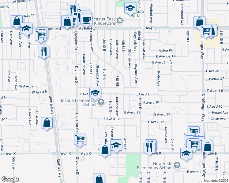 map of restaurants, bars, coffee shops, grocery stores, and more near 321 East Avenue J 8 in Lancaster