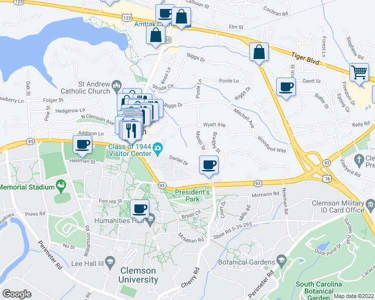 map of restaurants, bars, coffee shops, grocery stores, and more near 120 Daniel Drive in Clemson