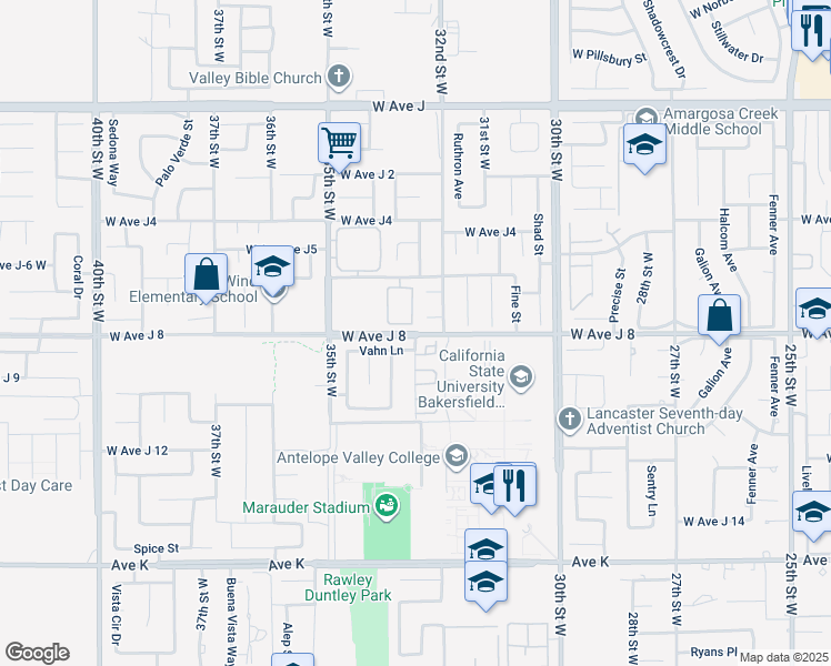map of restaurants, bars, coffee shops, grocery stores, and more near West Avenue J8 in Del Sur