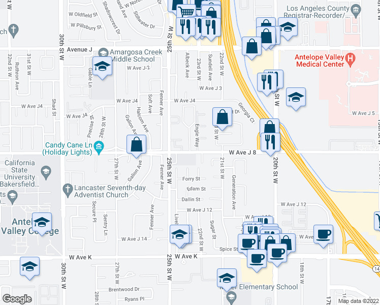 map of restaurants, bars, coffee shops, grocery stores, and more near 2349 West Avenue J 8 in Lancaster