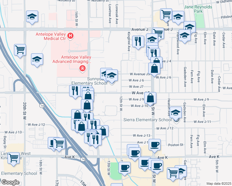 map of restaurants, bars, coffee shops, grocery stores, and more near 1233 West Avenue J-8 in Lancaster