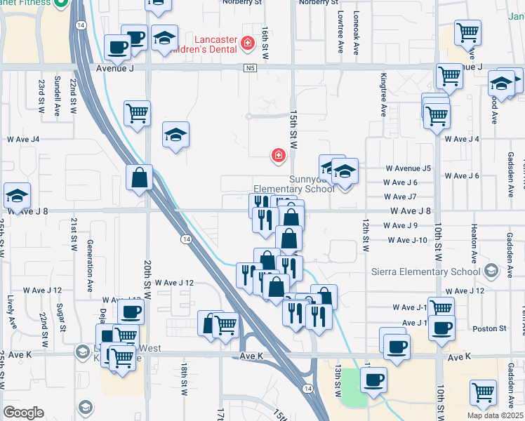 map of restaurants, bars, coffee shops, grocery stores, and more near 43989 15th St W in Lancaster