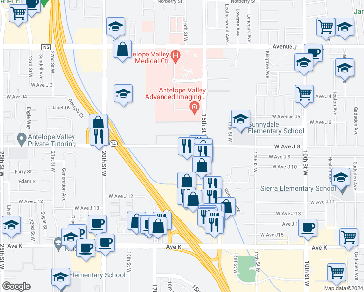 map of restaurants, bars, coffee shops, grocery stores, and more near 43953 15th Street West in Lancaster