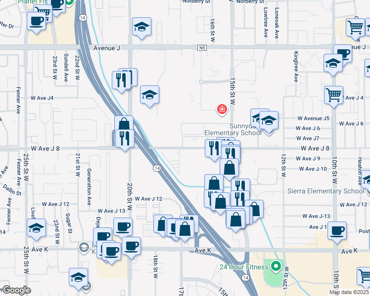map of restaurants, bars, coffee shops, grocery stores, and more near 1657 West Avenue J8 in Lancaster