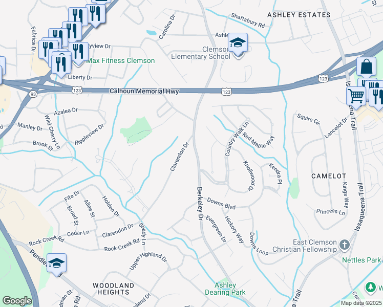 map of restaurants, bars, coffee shops, grocery stores, and more near 750 Berkeley Drive in Clemson
